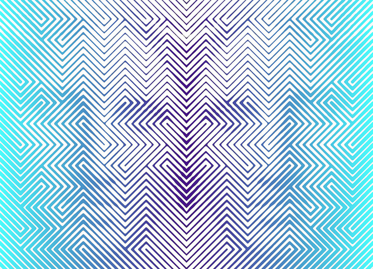 Un'illustrazione grafica astratta composta da una fitta trama simmetrica di linee geometriche a zig-zag, con un gradiente che sfuma dal ciano acceso sui lati al viola scuro nel centro. Le linee sono disposte in modo da creare un'illusione ottica: guardando l'immagine da lontano, emergono i lineamenti specchiati di due volti femminili classici, simili a statue.