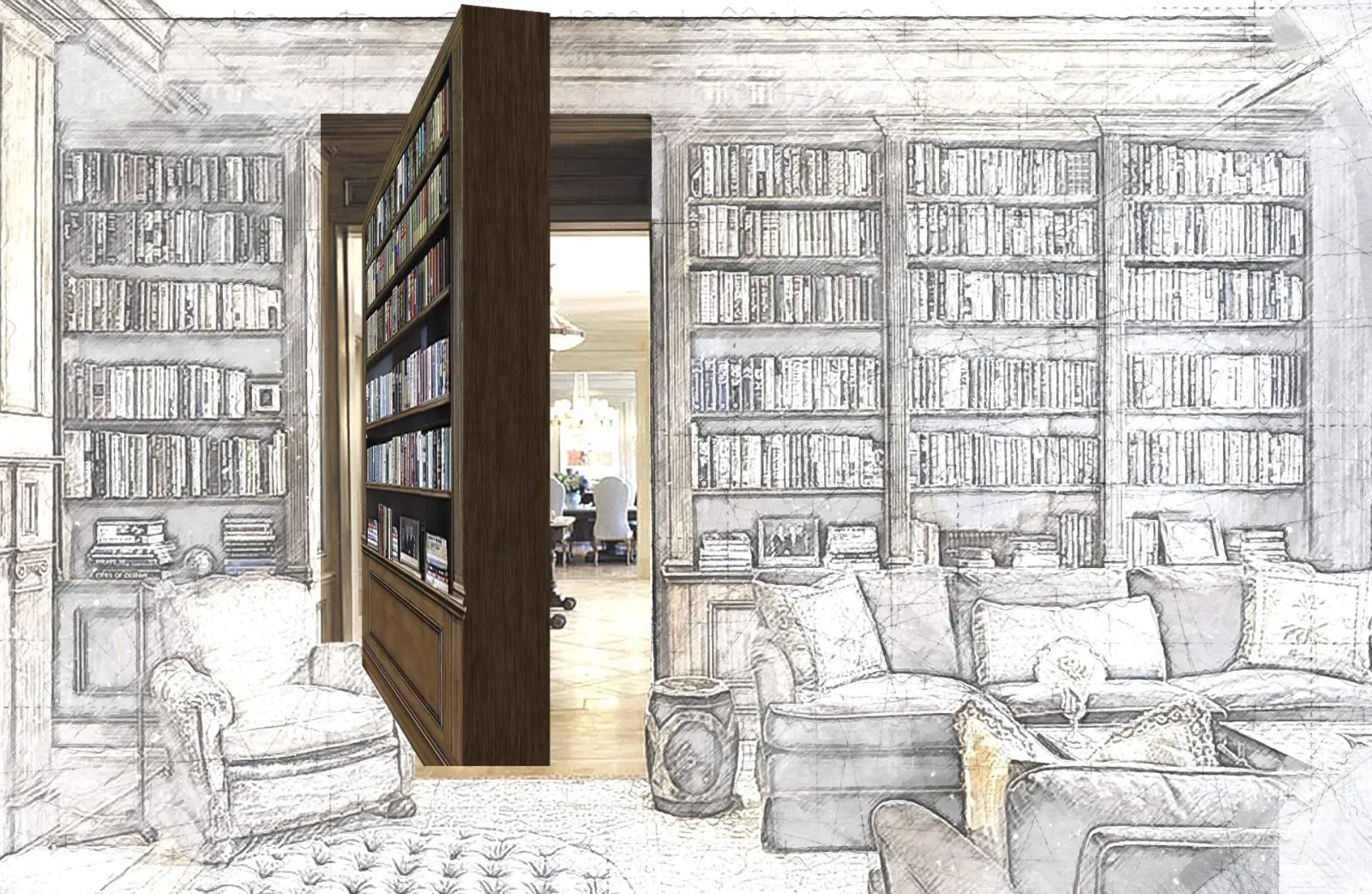 Schizzo di progetto di una libreria con passaggio segreto