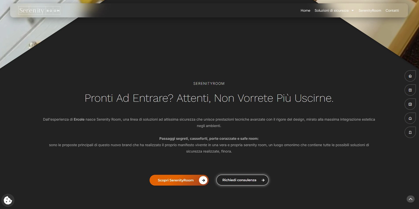 Homepage del sito Serenity Room con il titolo «Pronti ad entrare? Attenti, non vorrete più uscirne.»