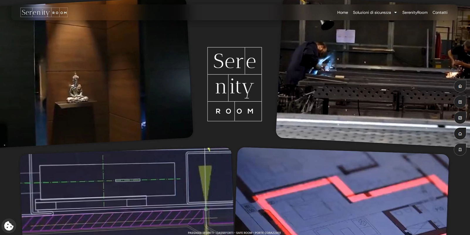 Homepage del sito Serenity Room: il logo tra immagini di laboratorio, progetto e ambienti