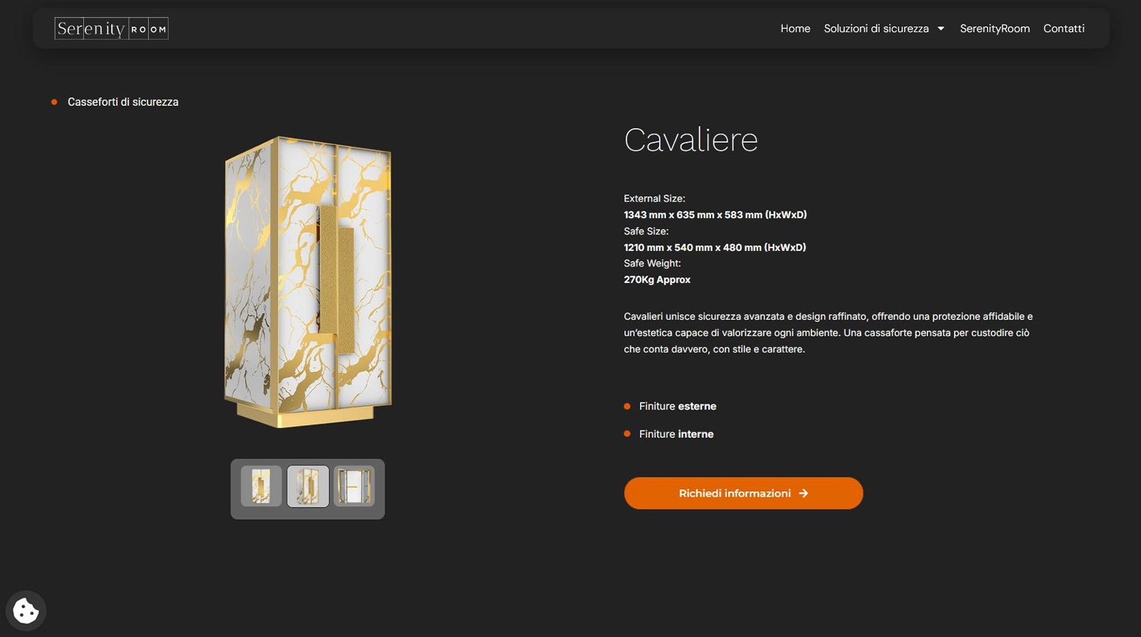 Scheda prodotto della cassaforte Cavaliere sul sito Serenity Room, con dimensioni e finiture