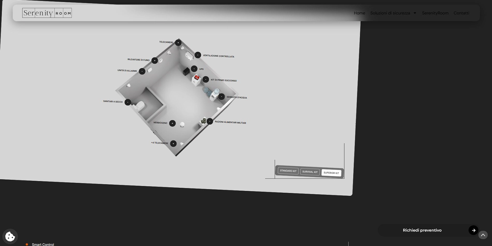 Pianta 3D della Safe Room con telecamere, ventilazione, UPS e kit di sopravvivenza