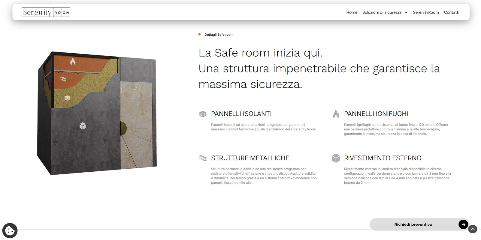 Safe Room in sezione: pannelli isolanti, pannelli ignifughi, strutture metalliche e rivestimento esterno