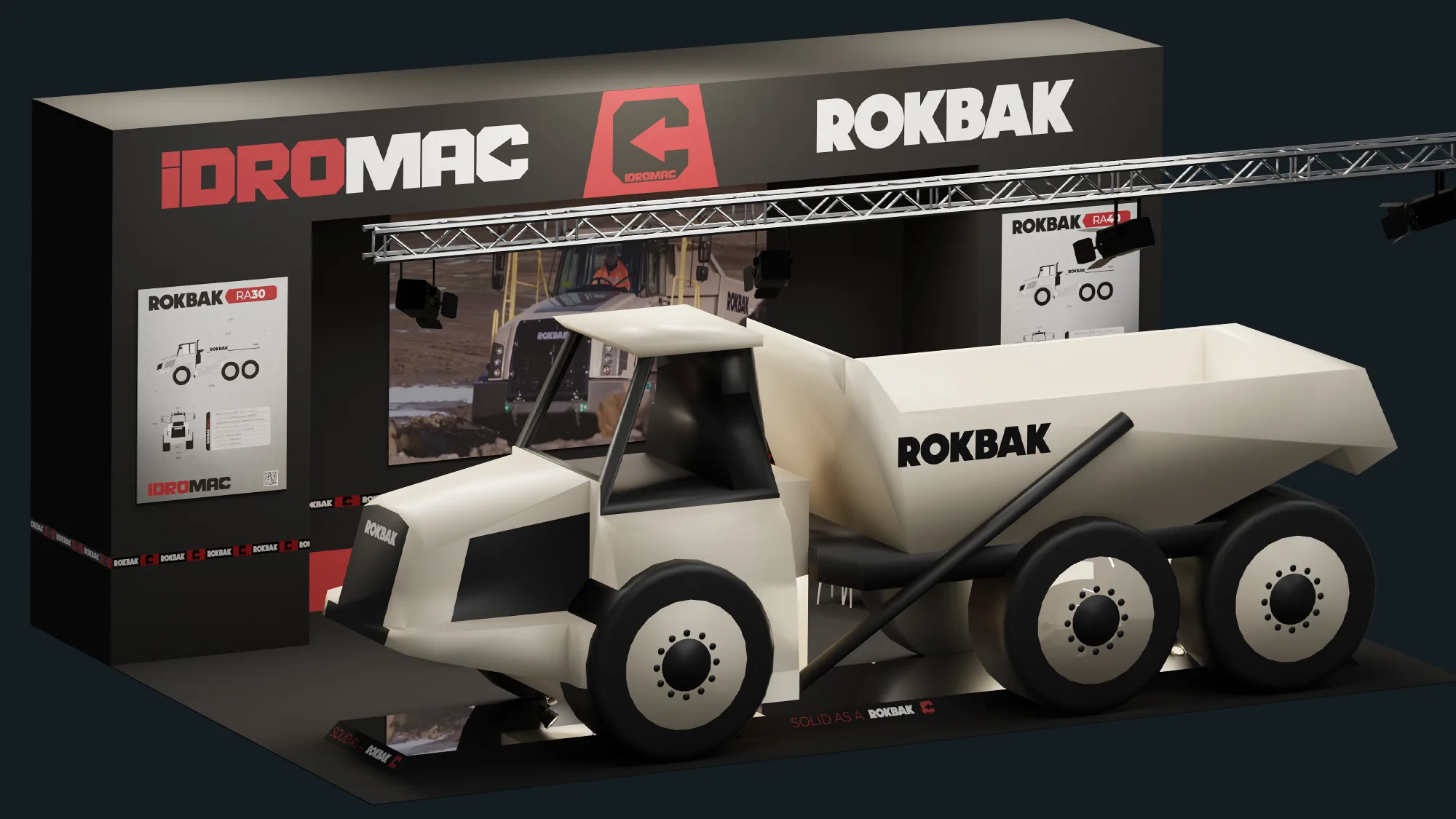 Render dello stand fieristico Idromac e Rokbak per SaMoTer Verona